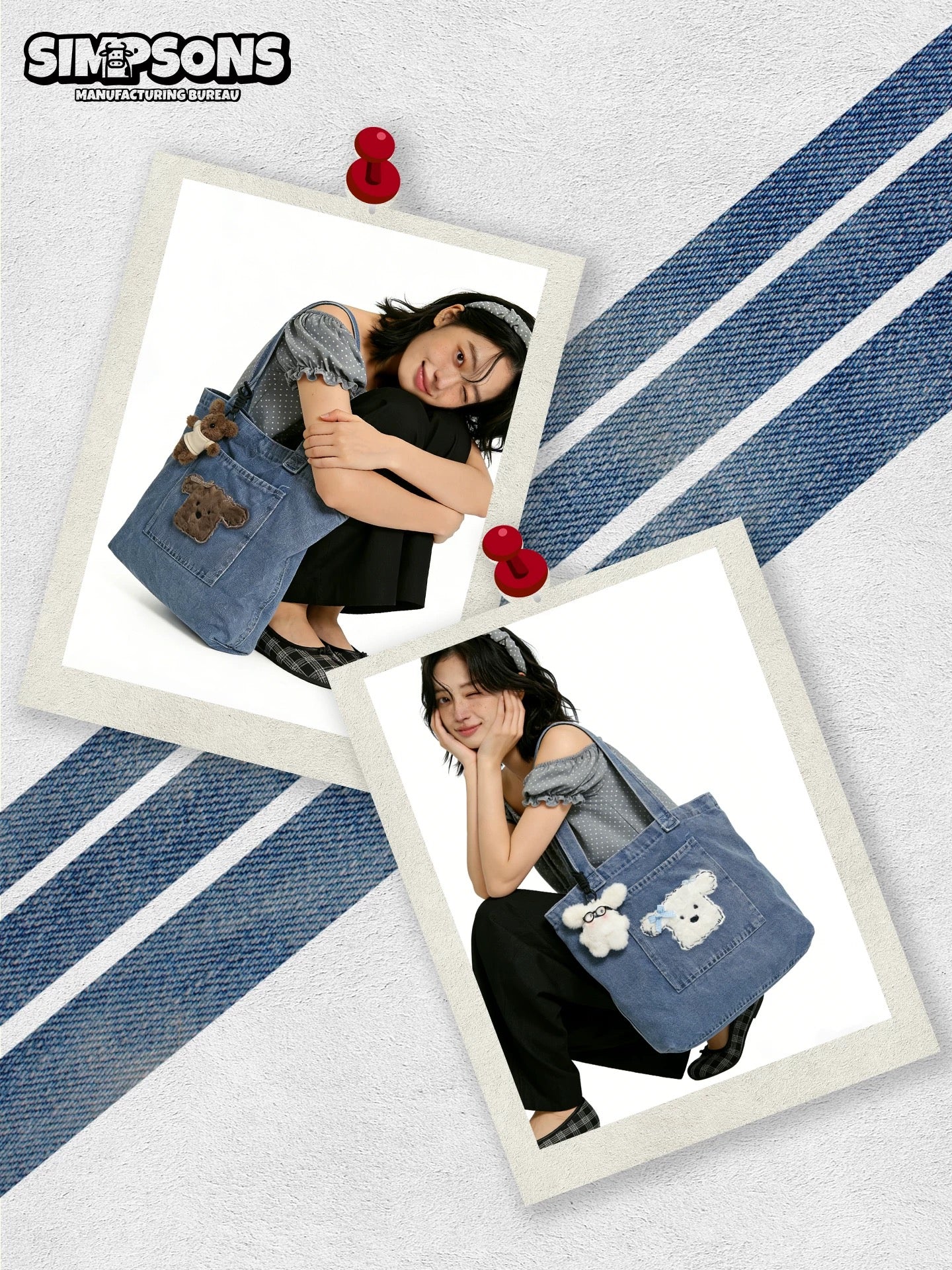 SIMS Casual Style Original Denim Tote Bag for Women, Large Capacity, Cartoon Bear Decoration, Shoulder Bag, Commuter Bag