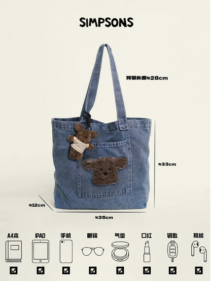 SIMS Casual Style Original Denim Tote Bag for Women, Large Capacity, Cartoon Bear Decoration, Shoulder Bag, Commuter Bag
