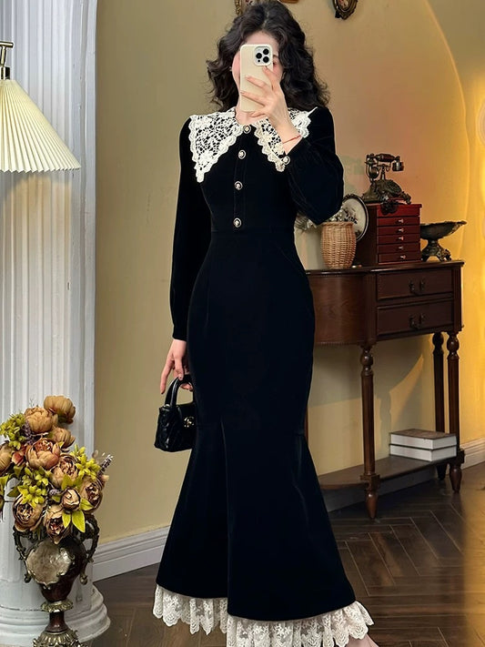 Mrs. Xiao's new autumn and winter long-sleeved retro lace collar spliced button fishtail skirt French light luxury dress for women