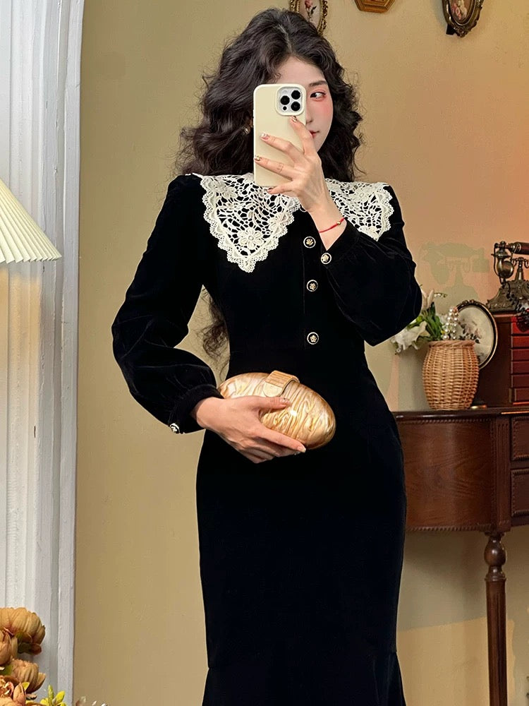 Mrs. Xiao's new autumn and winter long-sleeved retro lace collar spliced button fishtail skirt French light luxury dress for women