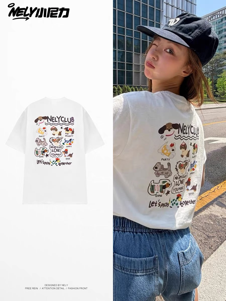 Unisex Casual Loose-Fit Crew-Neck T-Shirt with Cartoon Dachshund Print – Trendy Versatile Short-Sleeve Top for Students