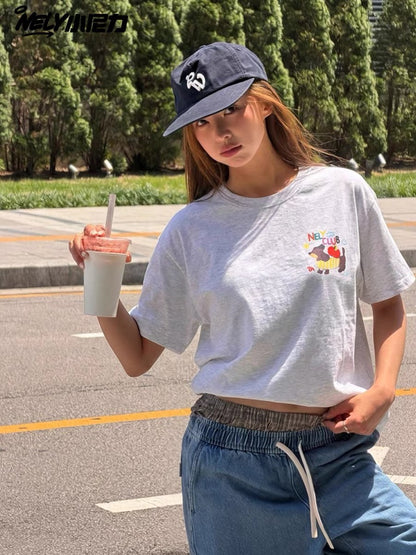Unisex Casual Loose-Fit Crew-Neck T-Shirt with Cartoon Dachshund Print – Trendy Versatile Short-Sleeve Top for Students