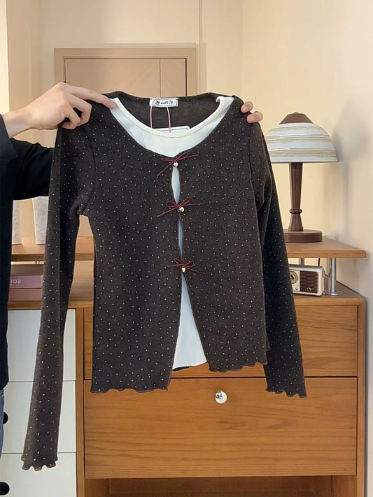 Three-dimensional bow decoration, hollowed-out slit hem, faux two-piece style, girly Korean style, polka dot color blocking, round neck wool long sleeve