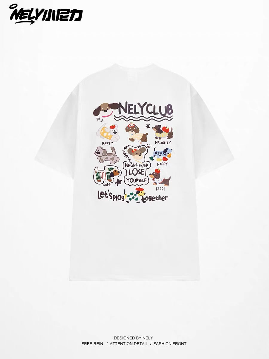 Unisex Casual Loose-Fit Crew-Neck T-Shirt with Cartoon Dachshund Print – Trendy Versatile Short-Sleeve Top for Students