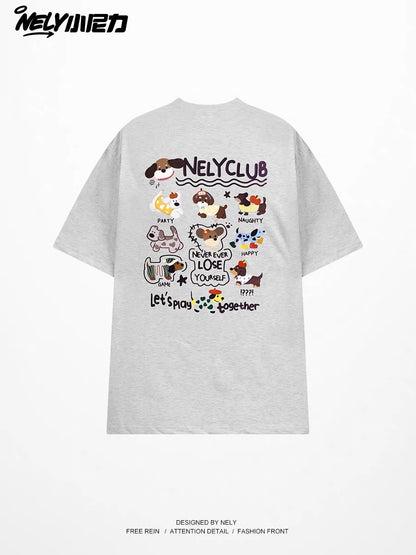 Unisex Casual Loose-Fit Crew-Neck T-Shirt with Cartoon Dachshund Print – Trendy Versatile Short-Sleeve Top for Students