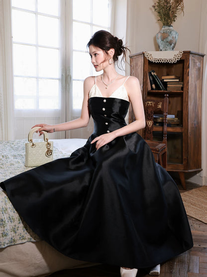 Good Job! [Paris Night] French-style black satin patchwork dress with spaghetti straps, a unique design.