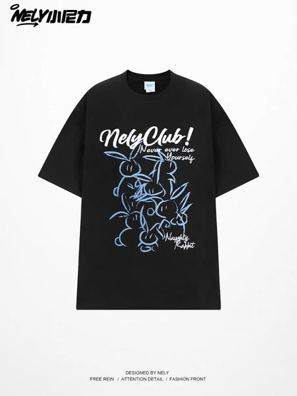 Loose-fit, vintage-style, versatile basic short-sleeve T-shirt featuring a hand-drawn rabbit and letter print and a round neckline.