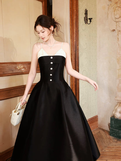 Good Job! [Paris Night] French-style black satin patchwork dress with spaghetti straps, a unique design.
