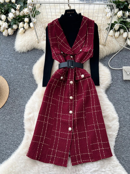 French style celebrity high-end plaid woolen sleeveless dress with high collar long sleeve knitted sweater suit for women autumn