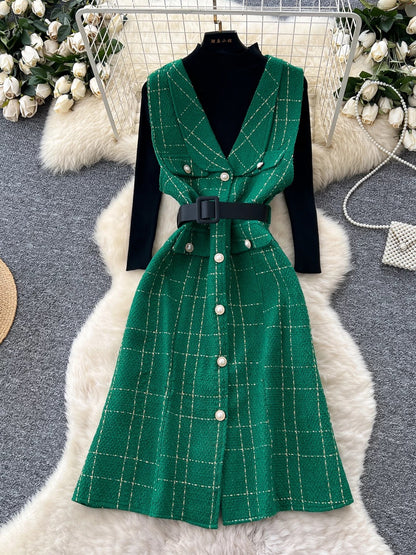 French style celebrity high-end plaid woolen sleeveless dress with high collar long sleeve knitted sweater suit for women autumn