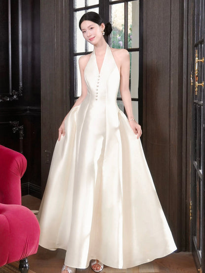 Good Job! 【Luoshen】French Satin Sleeveless Dress with a Fitted Waist and Halter Neck - Simple and Elegant Gown