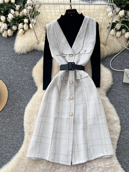 French style celebrity high-end plaid woolen sleeveless dress with high collar long sleeve knitted sweater suit for women autumn
