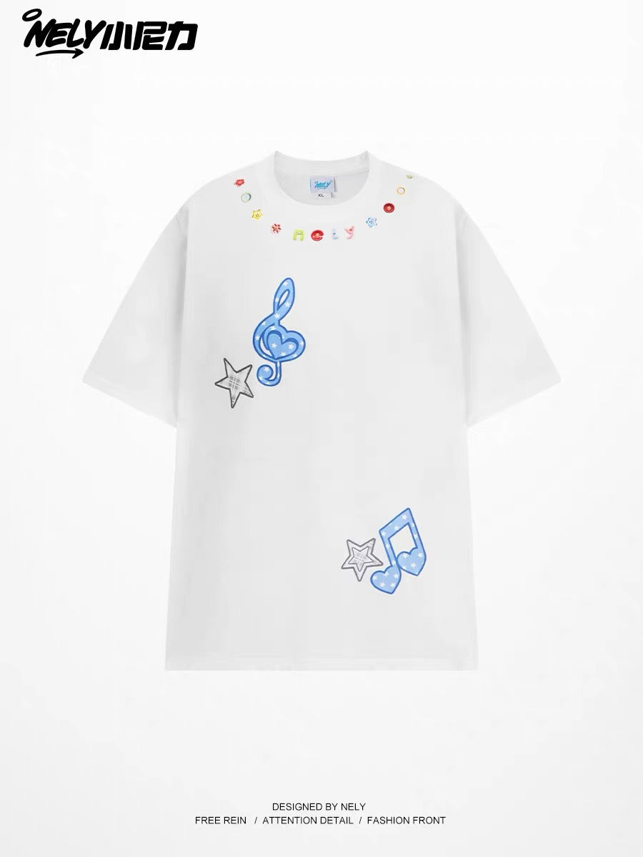 Unisex loose-fit short-sleeve T-shirt featuring a musical note and star appliqué; a versatile, casual crew-neck top with a unique, distinctive design.