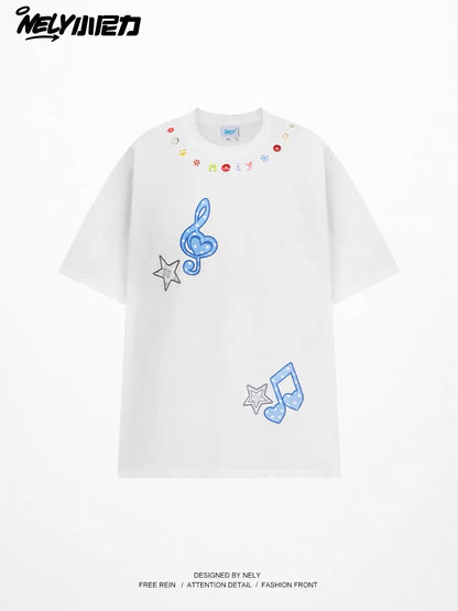 Unisex loose-fit short-sleeve T-shirt featuring a musical note and star appliqué; a versatile, casual crew-neck top with a unique, distinctive design.