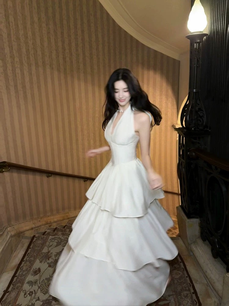 GJFD【Yize】Hallet Neck Slim Waist Princess Cake Dress, French Resort/Beach Style, Exquisitely Beautiful Long Dress