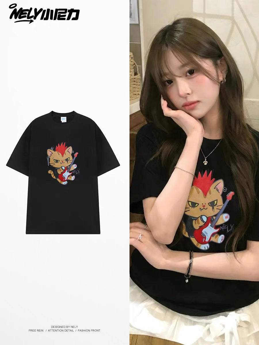 Unisex Heavyweight Short-Sleeve T-Shirt – Punk Cat Guitar Print – American Retro Loose Streetwear Style