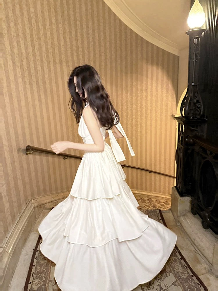GJFD【Yize】Hallet Neck Slim Waist Princess Cake Dress, French Resort/Beach Style, Exquisitely Beautiful Long Dress