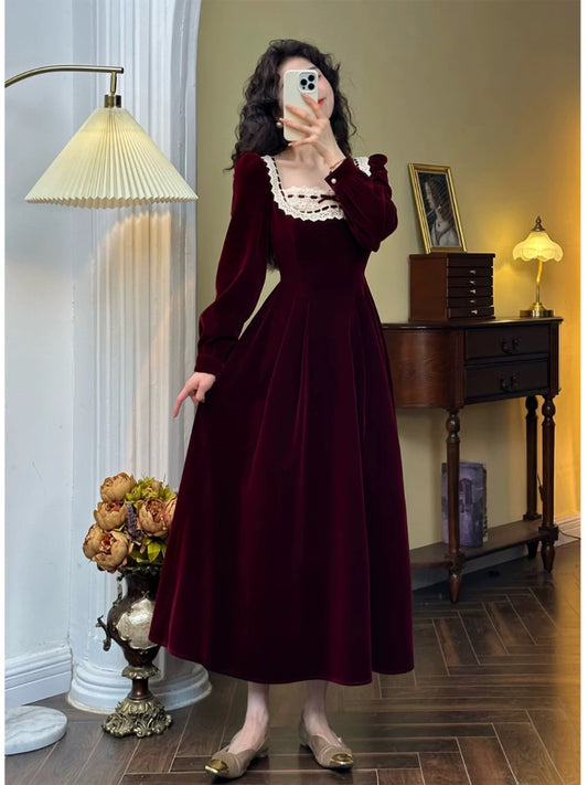 Mrs. Xiao Hepburn daughter jacquard burgundy velvet dress women's autumn and winter long-sleeved retro French style skirt