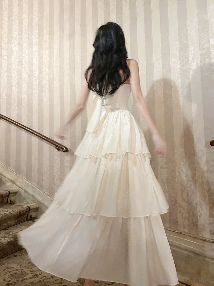 GJFD【Yize】Hallet Neck Slim Waist Princess Cake Dress, French Resort/Beach Style, Exquisitely Beautiful Long Dress