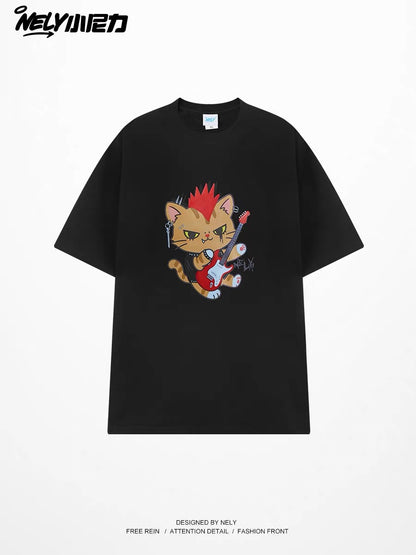 Unisex Heavyweight Short-Sleeve T-Shirt – Punk Cat Guitar Print – American Retro Loose Streetwear Style