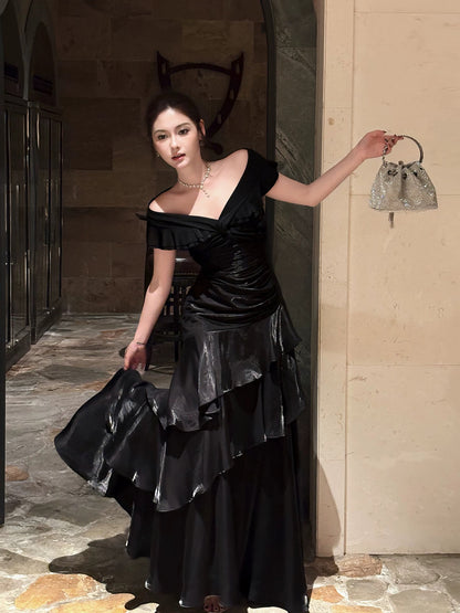 Good Job! [Rubens Holiday] French Style Black Off-Shoulder Luxury Dress, Niche Style Fishtail Skirt
