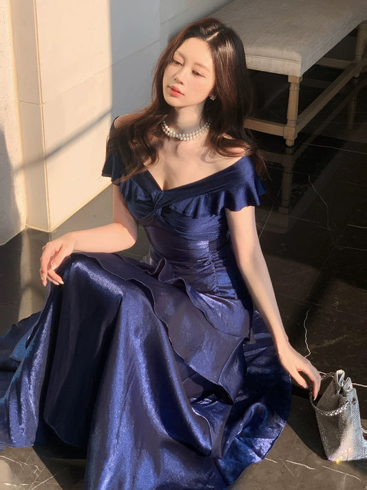 Good Job! [Charlister Manor] French Blue Off-Shoulder Dress, Unique Fishtail Skirt