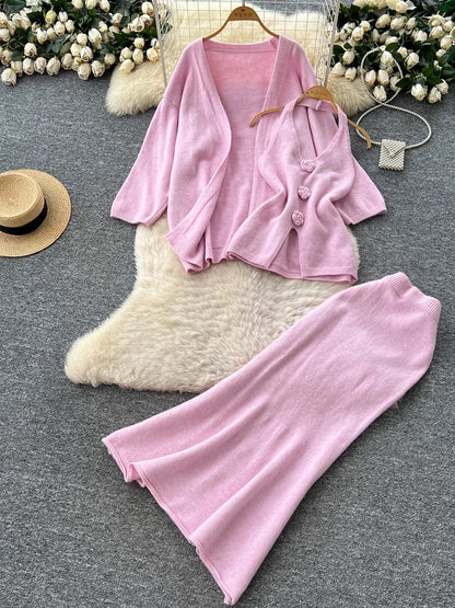 Minimalist Relaxed Knitted Suit for Women Winter Halter Sleeveless Vest + Long Sleeve Cardigan + High Waist Fishtail Skirt