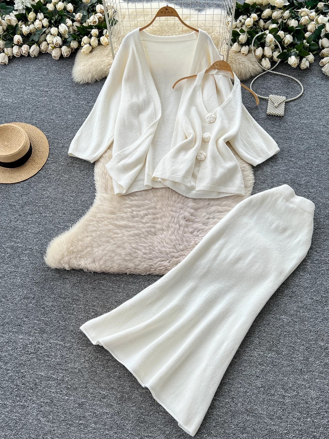 Minimalist Relaxed Knitted Suit for Women Winter Halter Sleeveless Vest + Long Sleeve Cardigan + High Waist Fishtail Skirt