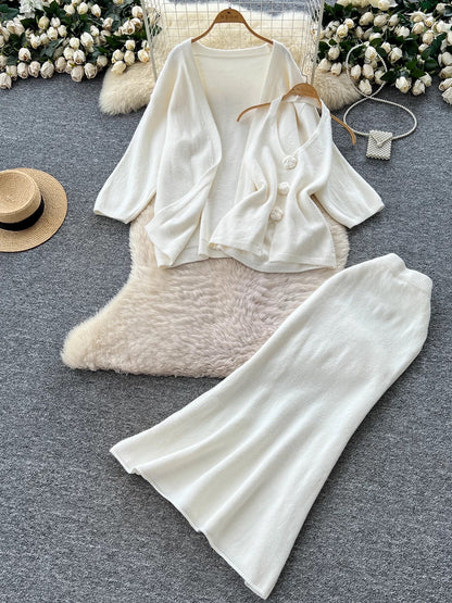 Minimalist Relaxed Knitted Suit for Women Winter Halter Sleeveless Vest + Long Sleeve Cardigan + High Waist Fishtail Skirt