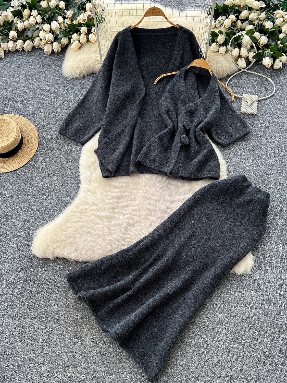 Minimalist Relaxed Knitted Suit for Women Winter Halter Sleeveless Vest + Long Sleeve Cardigan + High Waist Fishtail Skirt