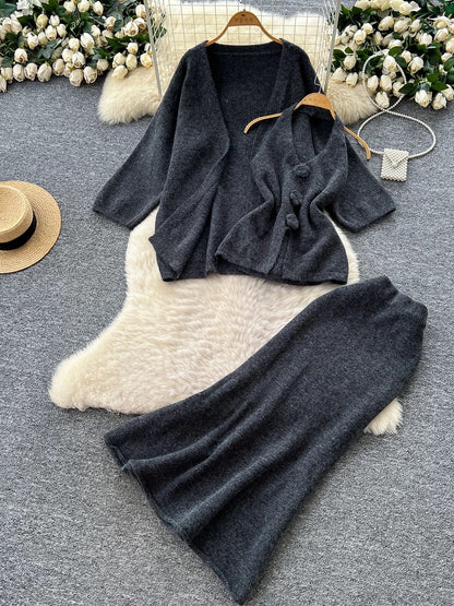 Minimalist Relaxed Knitted Suit for Women Winter Halter Sleeveless Vest + Long Sleeve Cardigan + High Waist Fishtail Skirt