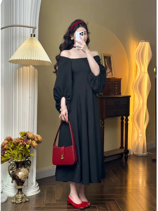 Mrs. Xiao [Years Cantabile] French retro palace style high-end black square collar princess dress with temperament