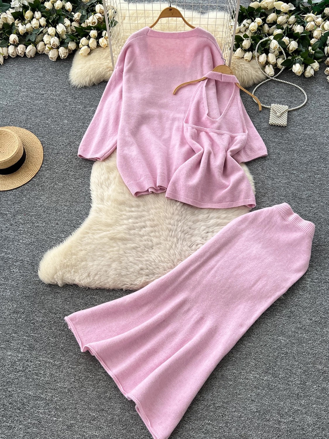 Minimalist Relaxed Knitted Suit for Women Winter Halter Sleeveless Vest + Long Sleeve Cardigan + High Waist Fishtail Skirt