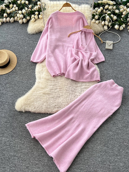 Minimalist Relaxed Knitted Suit for Women Winter Halter Sleeveless Vest + Long Sleeve Cardigan + High Waist Fishtail Skirt