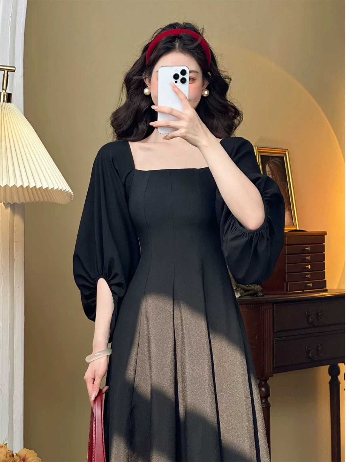 Mrs. Xiao [Years Cantabile] French retro palace style high-end black square collar princess dress with temperament