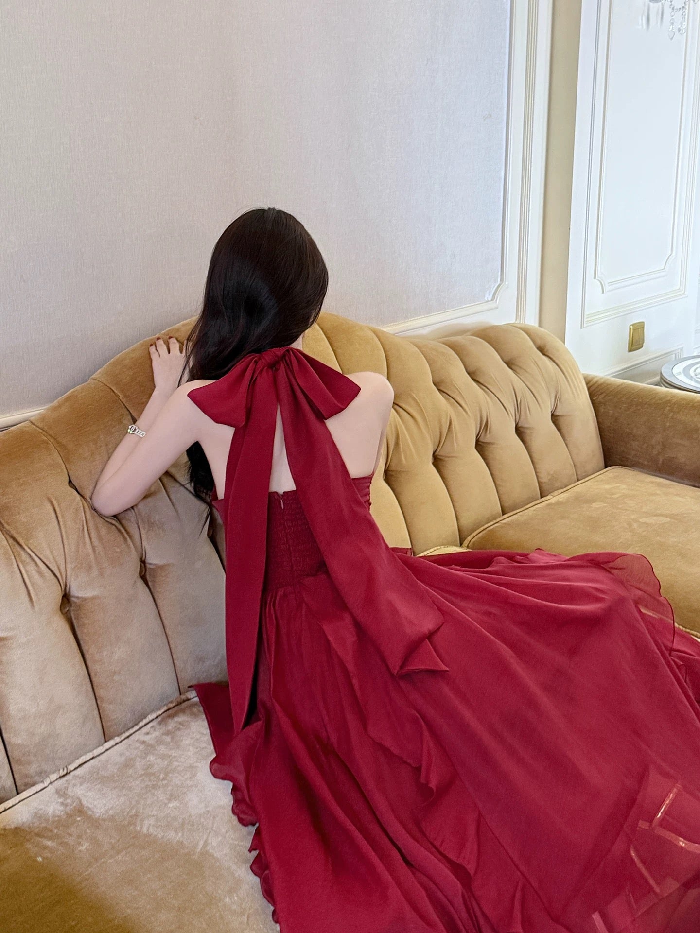 Good Job! 【Rose Moon Shadow】French-style ruffled red halter neck dress, a unique and elegant princess dress.