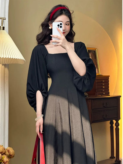 Mrs. Xiao [Years Cantabile] French retro palace style high-end black square collar princess dress with temperament