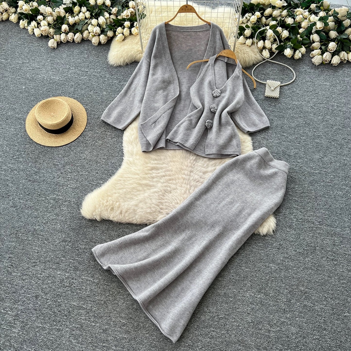 Minimalist Relaxed Knitted Suit for Women Winter Halter Sleeveless Vest + Long Sleeve Cardigan + High Waist Fishtail Skirt
