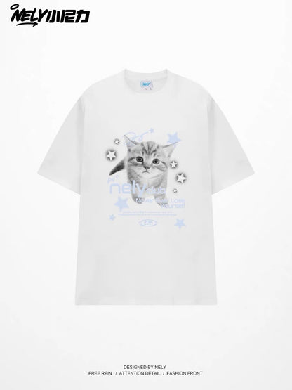 Unisex Short-Sleeve T-Shirt with Fresh Blue Star & Kitten Print – American Retro, Loose-Fit, Versatile Crew-Neck Casual Top