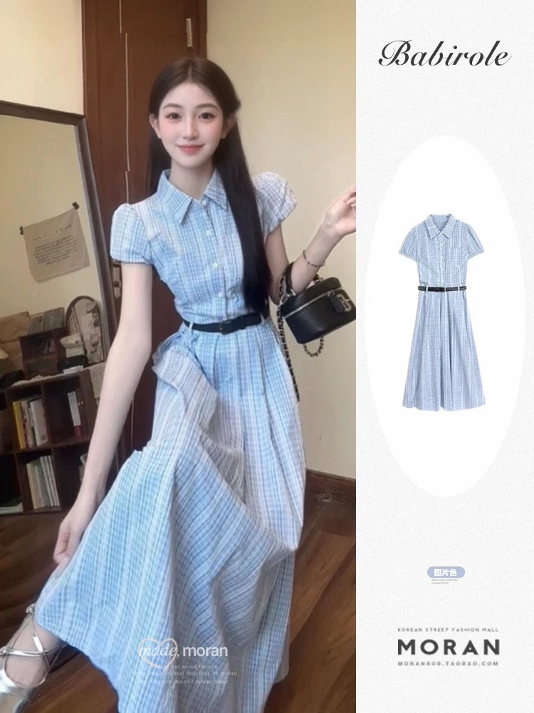 Korean-style striped short-sleeved shirt dress, new summer 2025 style, slimming and elegant long dress.