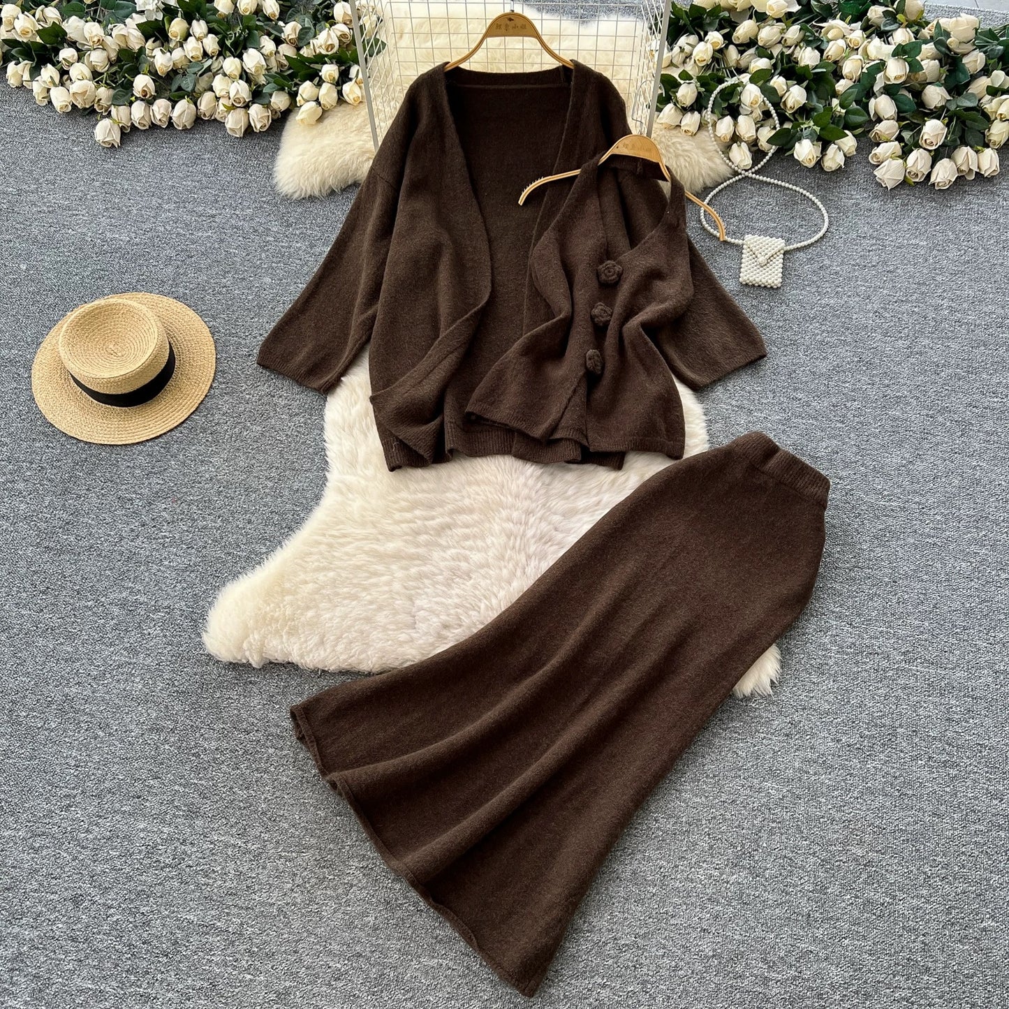 Minimalist Relaxed Knitted Suit for Women Winter Halter Sleeveless Vest + Long Sleeve Cardigan + High Waist Fishtail Skirt