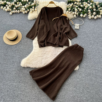 Minimalist Relaxed Knitted Suit for Women Winter Halter Sleeveless Vest + Long Sleeve Cardigan + High Waist Fishtail Skirt