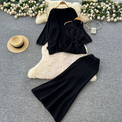 Minimalist Relaxed Knitted Suit for Women Winter Halter Sleeveless Vest + Long Sleeve Cardigan + High Waist Fishtail Skirt