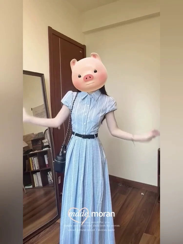 Korean-style striped short-sleeved shirt dress, new summer 2025 style, slimming and elegant long dress.