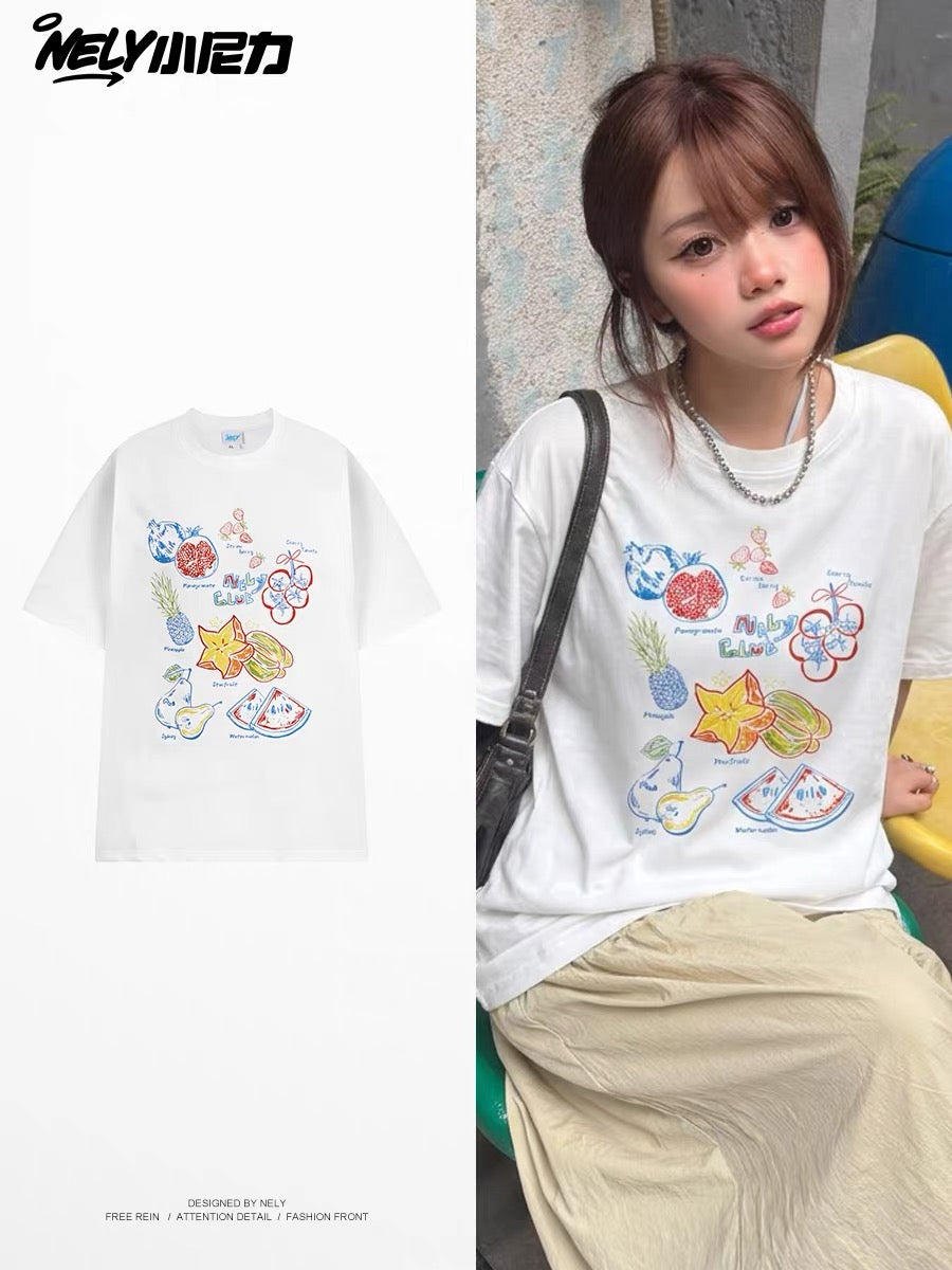 Unisex Summer Loose-Fit Crew-Neck T-Shirt with Hand-Drawn Colorful Fruit Print – Casual, Unique Design