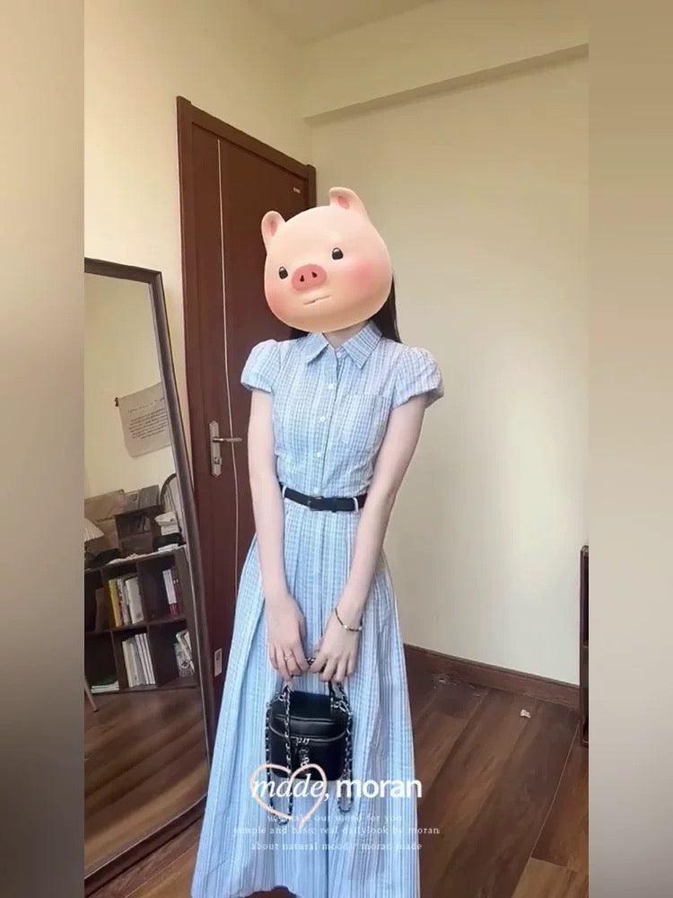 Korean-style striped short-sleeved shirt dress, new summer 2025 style, slimming and elegant long dress.
