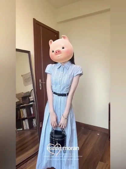 Korean-style striped short-sleeved shirt dress, new summer 2025 style, slimming and elegant long dress.