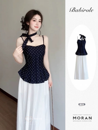 French retro polka dot camisole top, sleeveless vest, halter skirt two-piece set - a stunning summer outfit