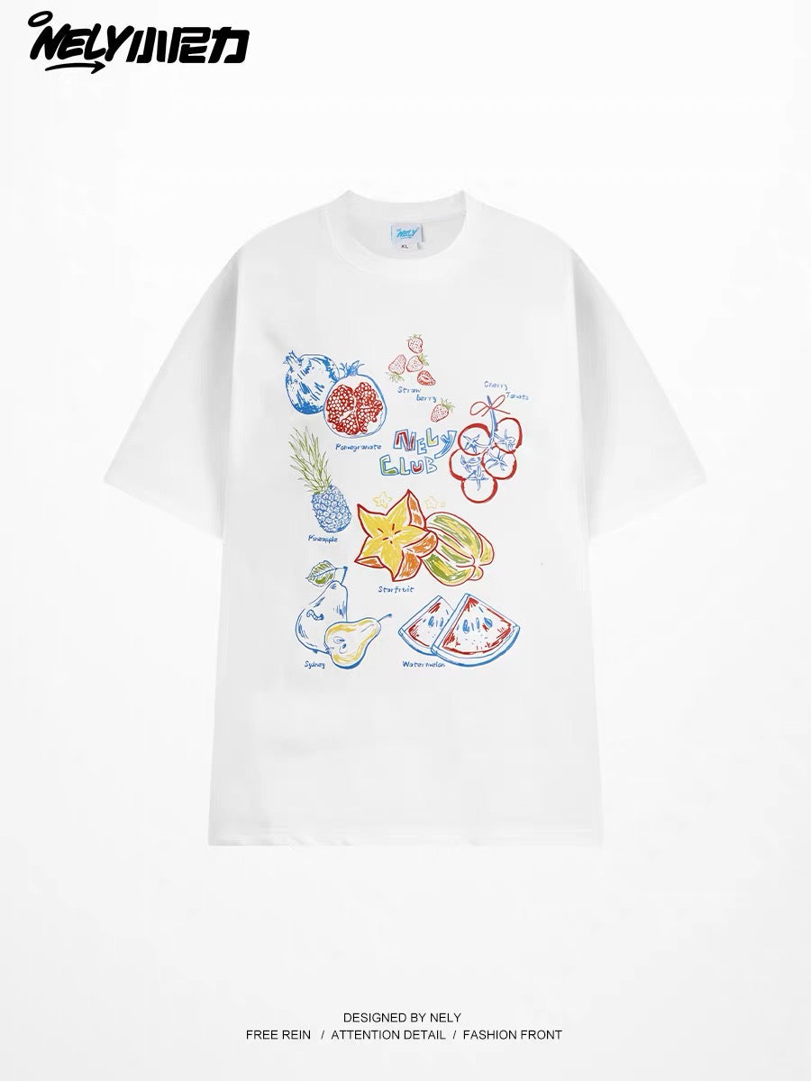 Unisex Summer Loose-Fit Crew-Neck T-Shirt with Hand-Drawn Colorful Fruit Print – Casual, Unique Design
