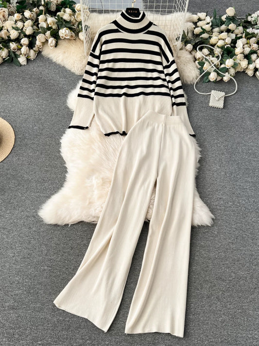 Lazy winter wear with a complete set of retro striped knitted turtleneck tops and versatile wide-leg pants fashionable two-piece suits
